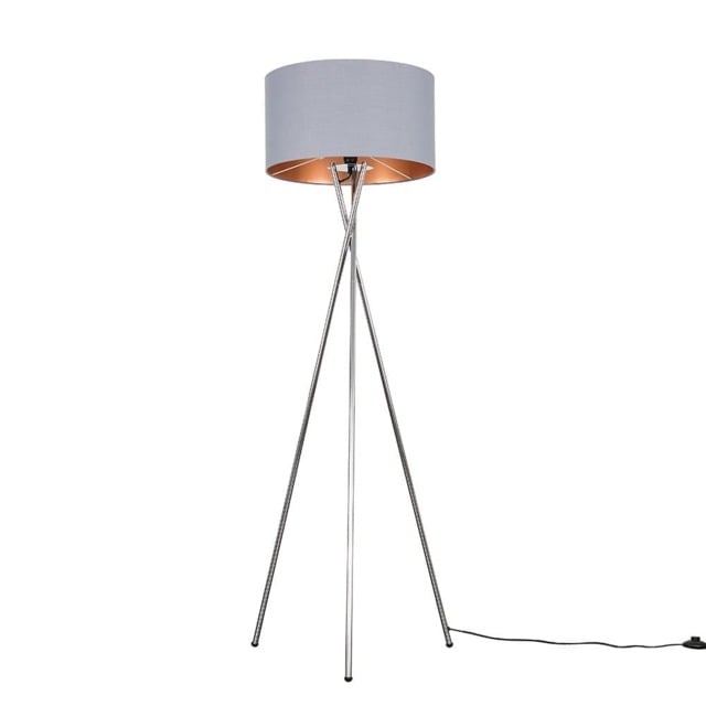 ValueLights Camden Chrome Tripod Floor Lamp Grey Copper Shade and Bulb