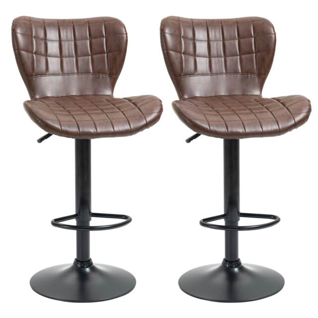 Set Of 2 Adjustable Height Retro Faux Leather Bar Stools Brown Brown