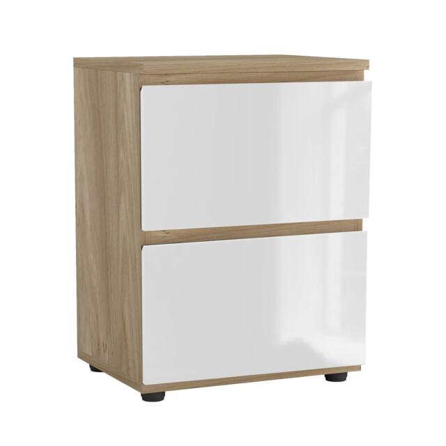 Gloss 2 Drawer Skagen High Wooden Bedside Cabinet No Handle Drawer Storage Multi Oak & White 1