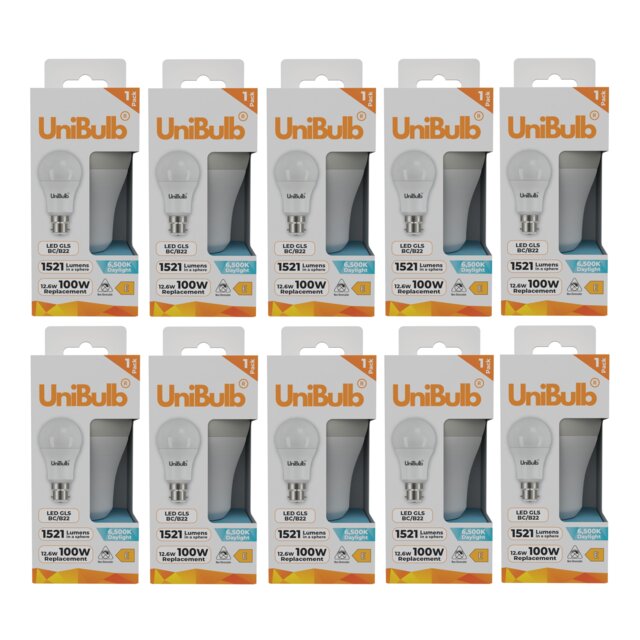UniBulb LED GLS B22 Bayonet Cap (BC) 1521lm 12.6W (Replaces 100W) 6500K (Daylight) Light Bulb - Pack of 10