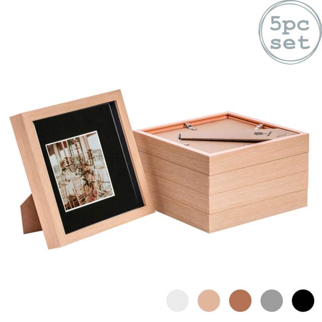 "Nicola Spring 8 x 8"" Photo Frames - Light Wood/Black Mount - 3D Picture Frame Box Portrait Display Case (22.5 x 22.5cm) Set of 5"