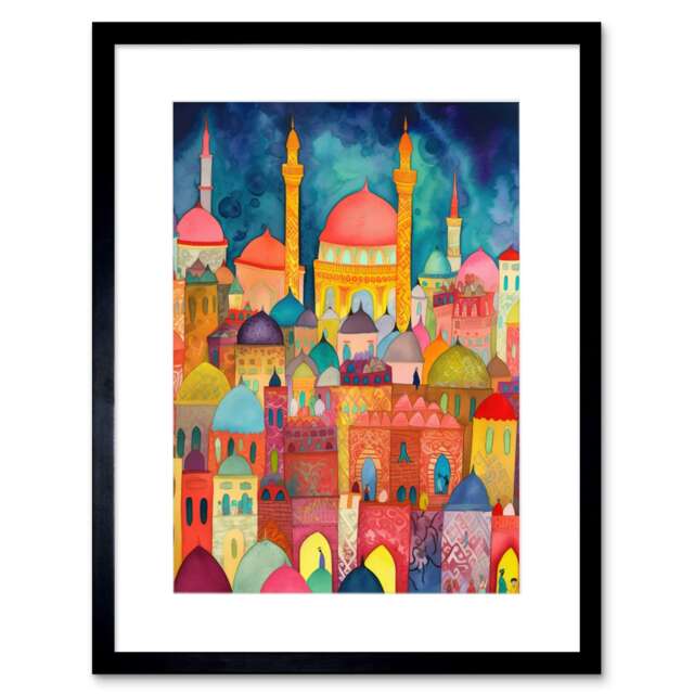 "Hagia Sophia Evening Cityscape Folk Art Watercolour 9x7"" Black Framed Wall Art Print"