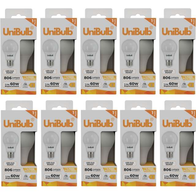 UniBulb LED GLS E27 Edison Screw (ES) 806lm 7.3W (Replaces 60W) 2700K (Warm White) Light Bulb - Pack of 10