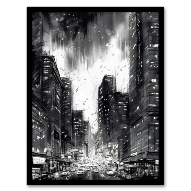 Downtown Chicago Ink Sketch Cityscape Pen Black Framed Wall Art Print A4