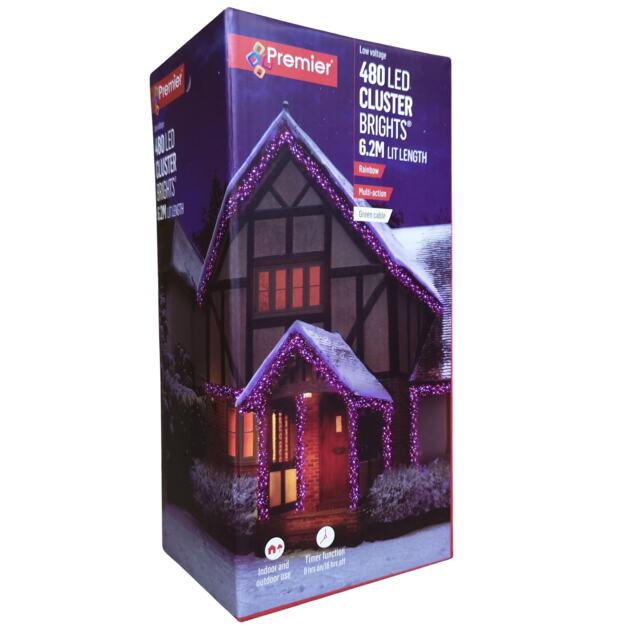 480 LED 6.2m Premier Clusterbrights Indoor Outdoor Multifunction Mains Operated Christmas Cluster Lights with Timer in Rainbow
