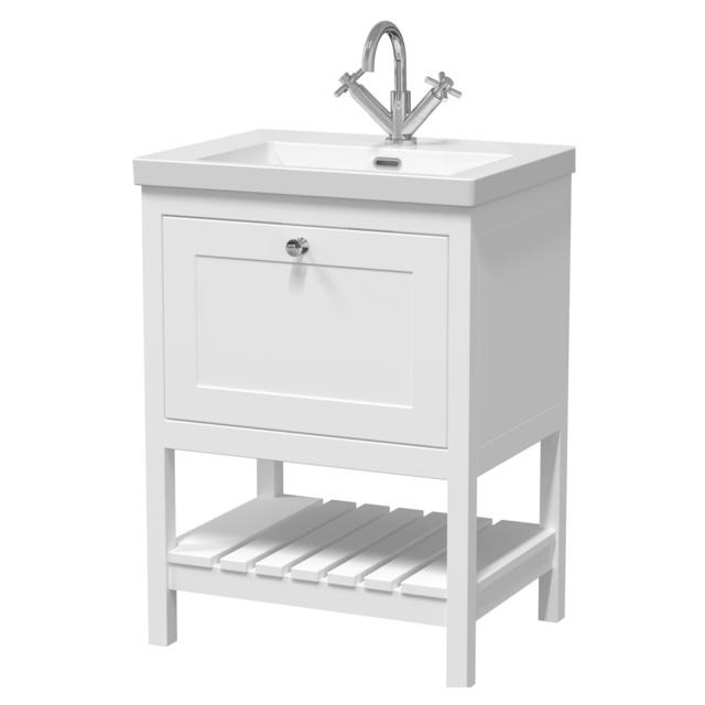 Balterley Coppenhall Contemporary 1 Drawer Floor Standing Vanity Unit with Fireclay Basin, Pure White, 600mm