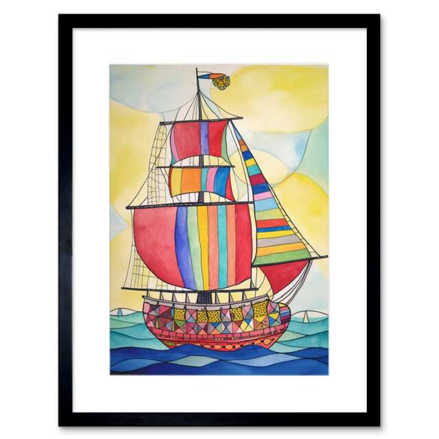 "Rainbow Colour Sailing Ship Folk Art 9x7"" Black Framed Wall Art Print"