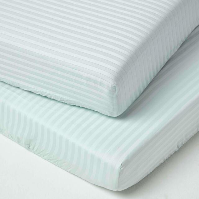 Homescapes Blue Cotton Stripe Fitted Cot Sheets 330 Thread Count, 2 Pack Blue One Size