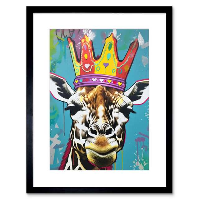 "Giraffe Queen Birthday Crown Modern Pop 9x7"" Black Framed Wall Art Print"