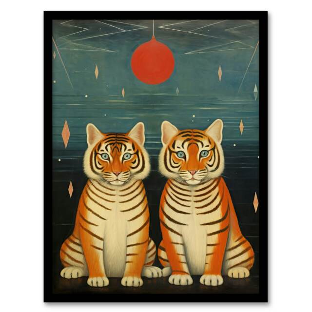 Twins Tea Party Cute Animal Cubs Tiger Home Decor Black Framed Wall Art Print A4