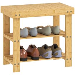 HOMCOM Bamboo Shoe Bench, 3-Tier Shoe Storage Bench with Slatted Shelves for Entryway Hallway, Holds 4 Pairs, Nature Wood Finish