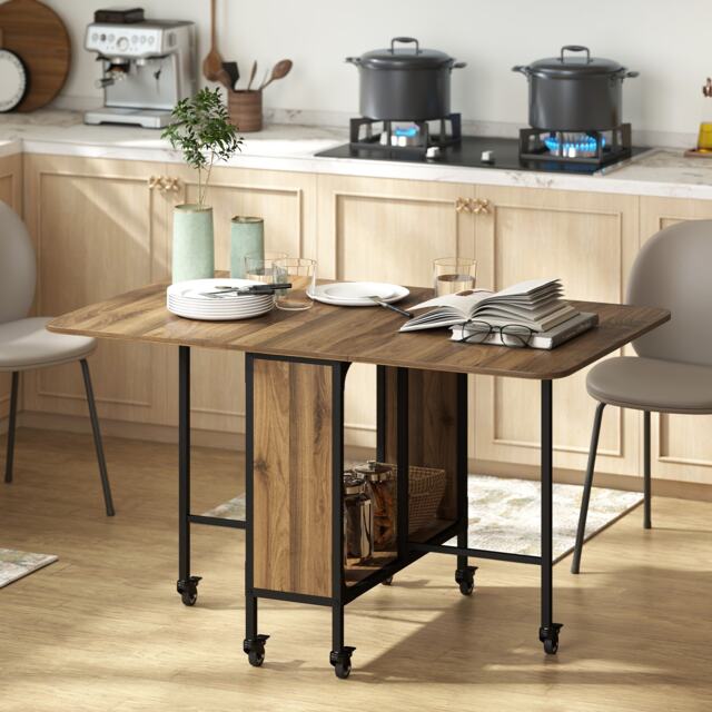 HOMCOM Mobile Drop Leaf Table, Folding Dining Table with 6 Wheels & Storage Shelf for Small Spaces, Kitchen, Dining Room, Light Brown