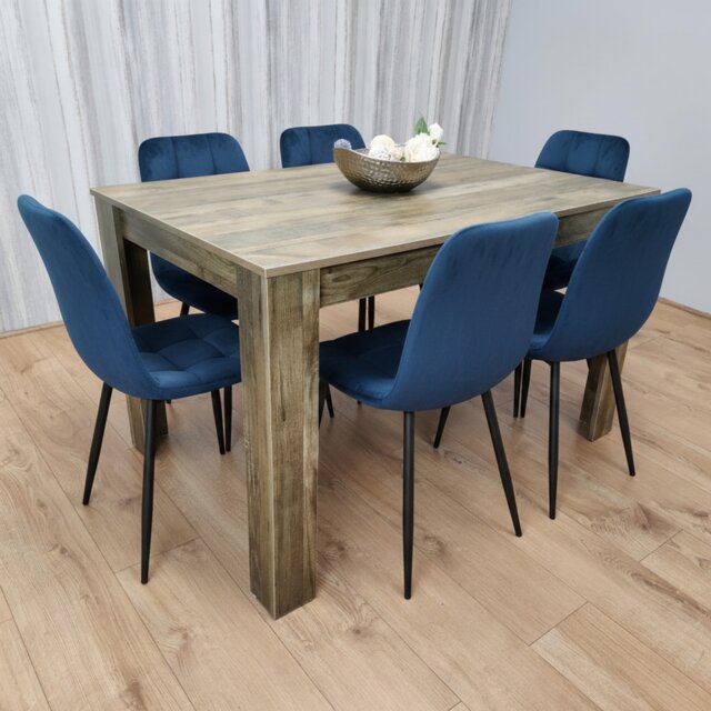 Rustic Wooden Dining Table Set with 6 Blue Chairs Modern Dining Furniture