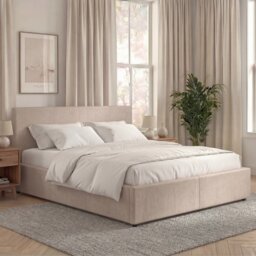 Vida Designs Veronica Double Beige Ottoman Linen Lift Up Bed Frame
