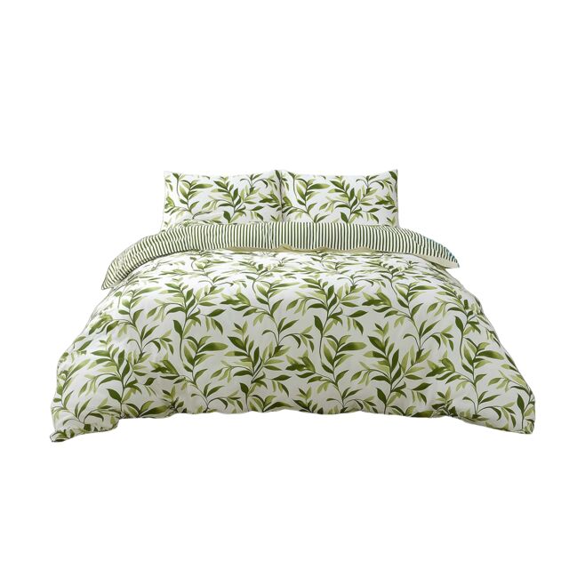 Duvet Cover And Pillowcase Set Reversible Leaf And Stripe Design Polycotton Bed Linen Green Super King