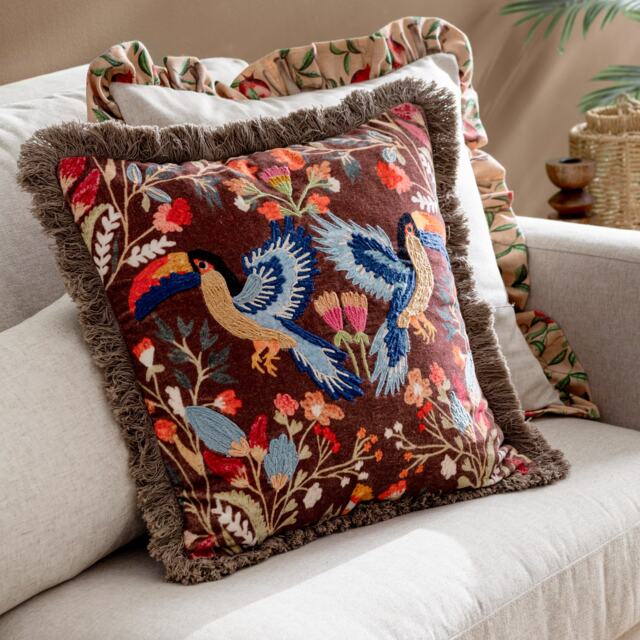 Wylder Tropics Mirrored Toucan Embroidered Cushion