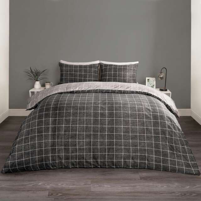 OHS Line Check Print Reversible Microfibre Duvet Cover and Pillowcase Set, Double - Black/Charcoal