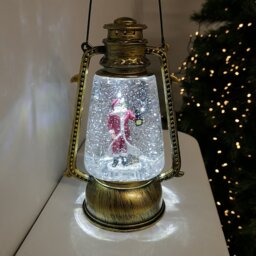 24cm Christmas Water Spinner Antique Gold Effect Hurricane Lantern Style with Santa Scene
