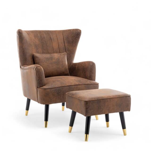 Faux Leather Suede Brown Camila Accent Chair with Footstool