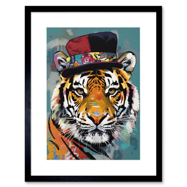 "Tiger Wearing Soft Felt Top Hat Modern Folk Art 9x7"" Black Framed Wall Art Print"