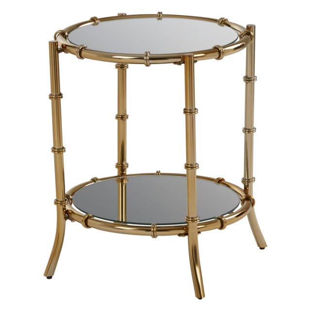 Gold-Finished Bamboo Side Table,Mirrored Top Small Table With Decorative Ring Clasps,Stylish Round Table Gold