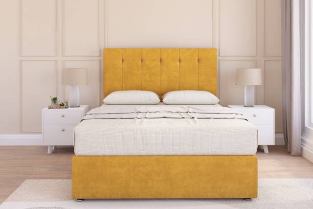 Sloomy Highbury Mustard Plush Divan Bed Base No Drawers With 54 Inch Floor Standing Headboard Gold Mustard Small Double 1