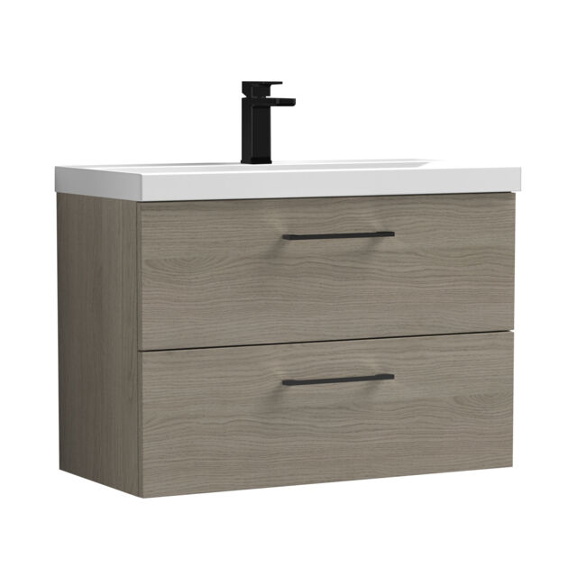 Balterley Wall Hung Bathroom 2 Drawer Vanity Unit and 1 Tap Hole Ceramic Basin, Woodgrain Mid Oak with Handles Brown