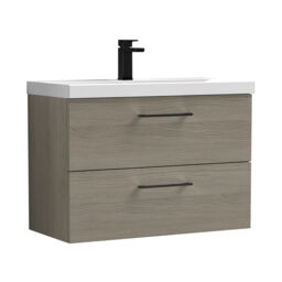 Balterley Wall Hung Bathroom 2 Drawer Vanity Unit and 1 Tap Hole Ceramic Basin, Woodgrain Mid Oak with Handles Brown