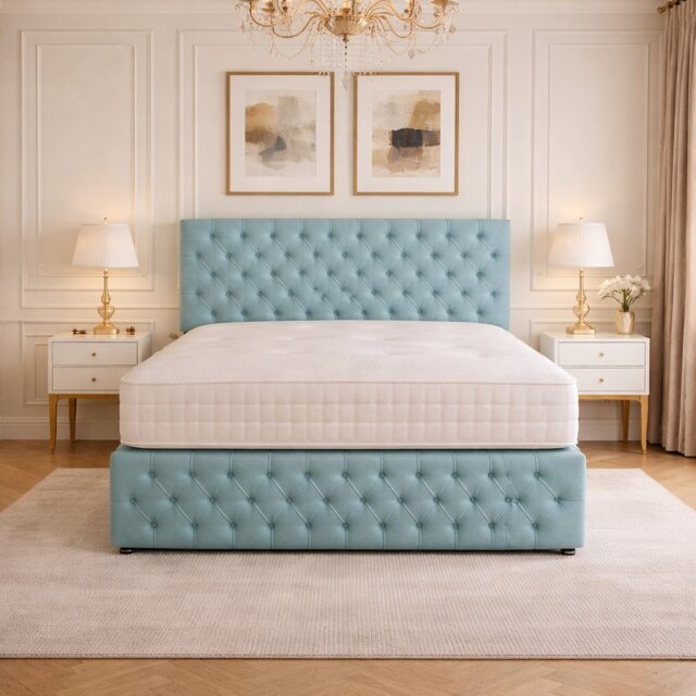 5FT Kingsize Ice Blue Plush Velvet Divan Bed With Headboard & Footboard and Memory Sprung Mattress 4 Drawers
