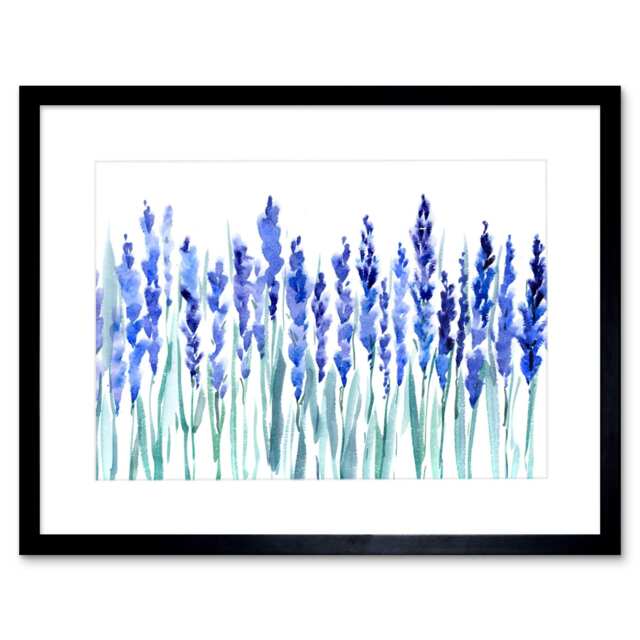 "Lavender Flowers Soft Bright Floral Watercolour 9x7"" Black Framed Wall Art Print"