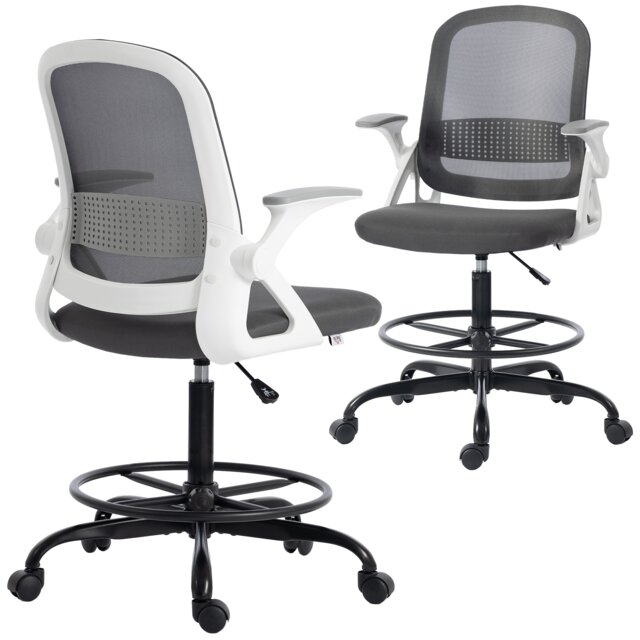 HOMCOM Mesh Painting Chair, Rolling Desk Chair with Flip-up Armrests, Grey Grey Grey One Size