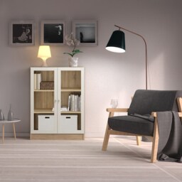 Basic Low Wide Display Cabinet in Oak (2 Shelves) with 2 Glass Doors in White