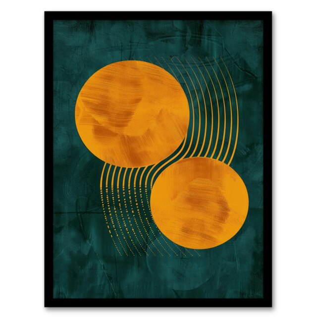 Abstract Yellow Copper Circles Lines Living Room Black Framed Wall Art Print A4