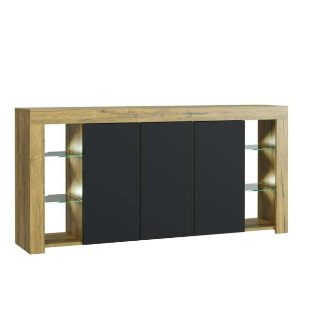 Sideboard 164cm Black Matt Doors Oak Matt Body Free LED Display Unit Brown Black