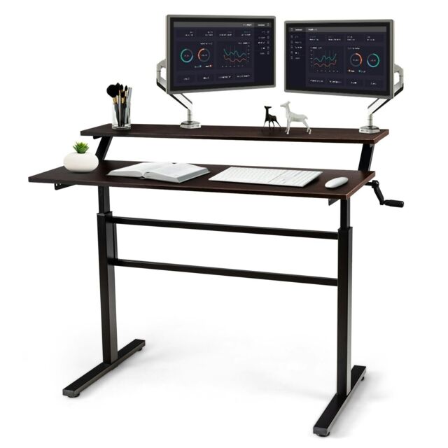 COSTWAY 2-Tier Standing Computer Desk Sit to Stand Brown Brown