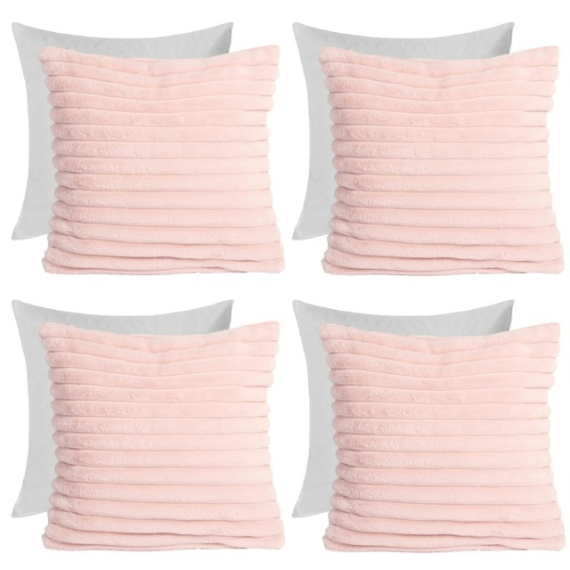 OHS 4 x Faux Fur Matte Velvet Fleece Thick Ribbed Filled Cushions, 45x45cm - Blush Pink