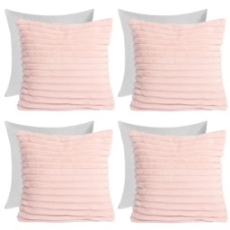 OHS 4 x Faux Fur Matte Velvet Fleece Thick Ribbed Filled Cushions, 45x45cm - Blush Pink