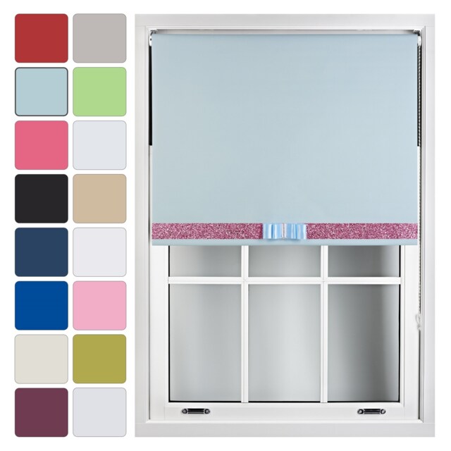 FURNISHED Blackout Roller Blinds with Glitter Trim and Bow Insulated Designed Window Shade Blue Duck Egg Blue (W) 90cm x (L) 165cm