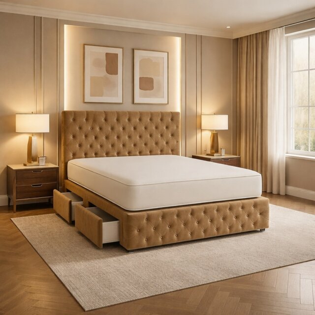 Chesterfield 4ft small double beige plush divan bed headboard and footboard set 2 Drawers Left Side Laying in Bed