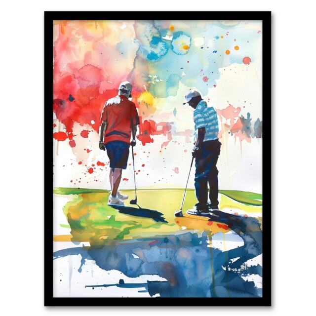 Two Friends Golfing Putting Watercolour Sun Black Framed Wall Art Print A4