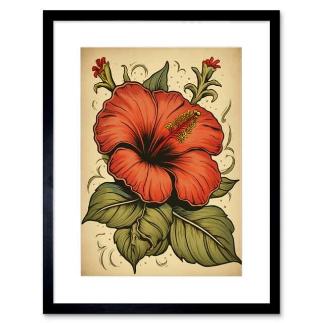"Old School USA Tattoo Body Red Hibiscus Rockabilly 50s 9x7"" Black Framed Wall Art Print"