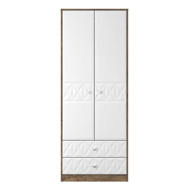 Toledo Tall 2 Drawer Double Wardrobe in White Matt & Vintage Oak (Ready Assembled) White White Matt & Vintage Oak