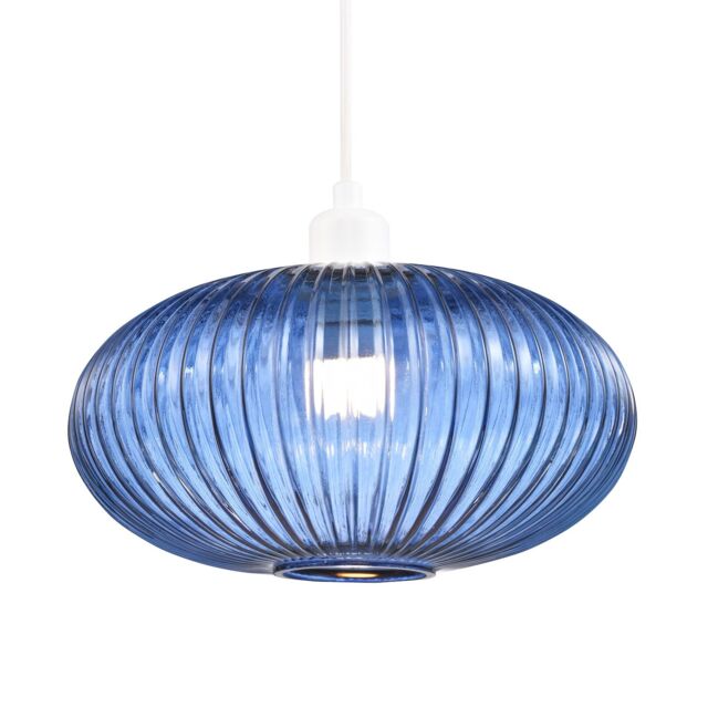 Modern Designer Navy Midnight Blue Line Ribbed Glass Oval Pendant Lamp Shade Blue Midnight Blue 1