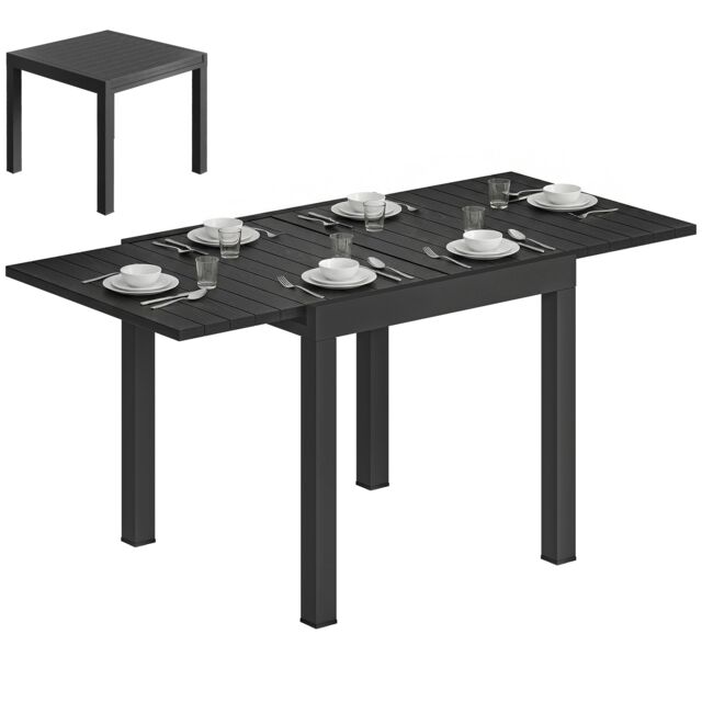 Outsunny Aluminium Extending Garden Table with Faux Wood Slatted Top, Black Black Black 160 x 80 x 75 cm