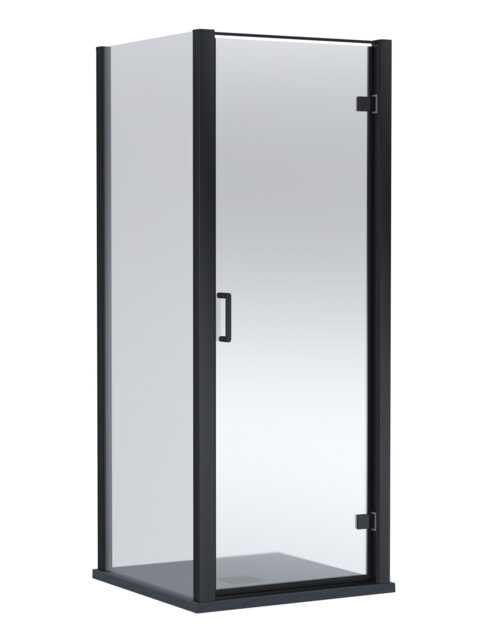 Balterley Hinged Shower Door with Glass, Side Panel & Slimline Shower Tray Black Matt Black
