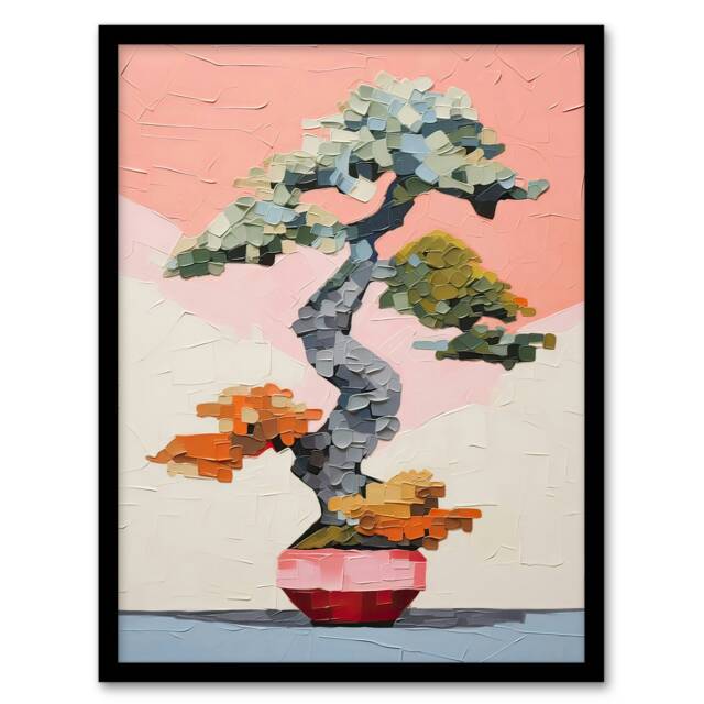 Japanese Bonsai Tree Plant Pot Thick Palette painting Black Framed Wall Art Print A4