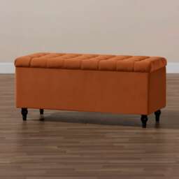90cm Cubed Ottoman Storage Box,Burnt Orange Velvet Upholstered Chesterfield Storage Ottoman Box with Wooden Legs