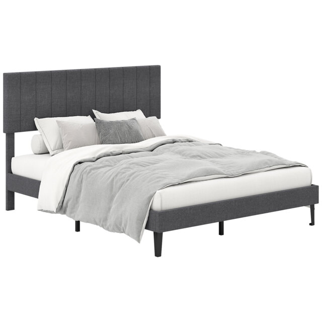 COSTWAY King Size Linen Fabric Bed Frame Upholstered Platform Bed Grey