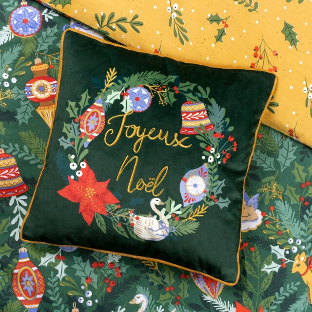 Furn Deck The Halls Embroidered Christmas Cushion, Pine Green, 43 x 43cm