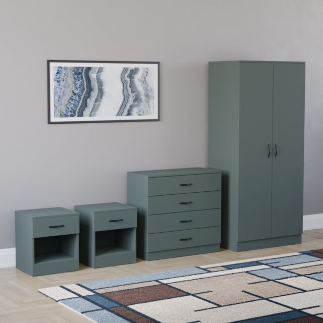 Vida Designs Riano 4 Piece Bedroom Set (2x 1 Drawer Bedside Chest, 4 Drawer Chest, 2 Door Wardrobe) - Green